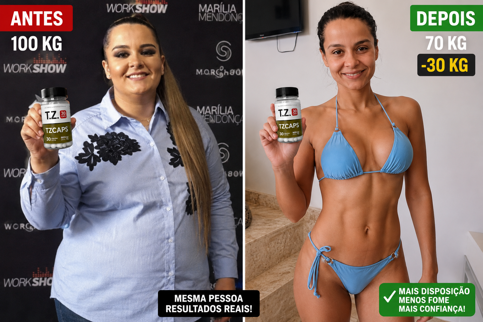 Resultado real — 100kg para 70kg com TZCAPS