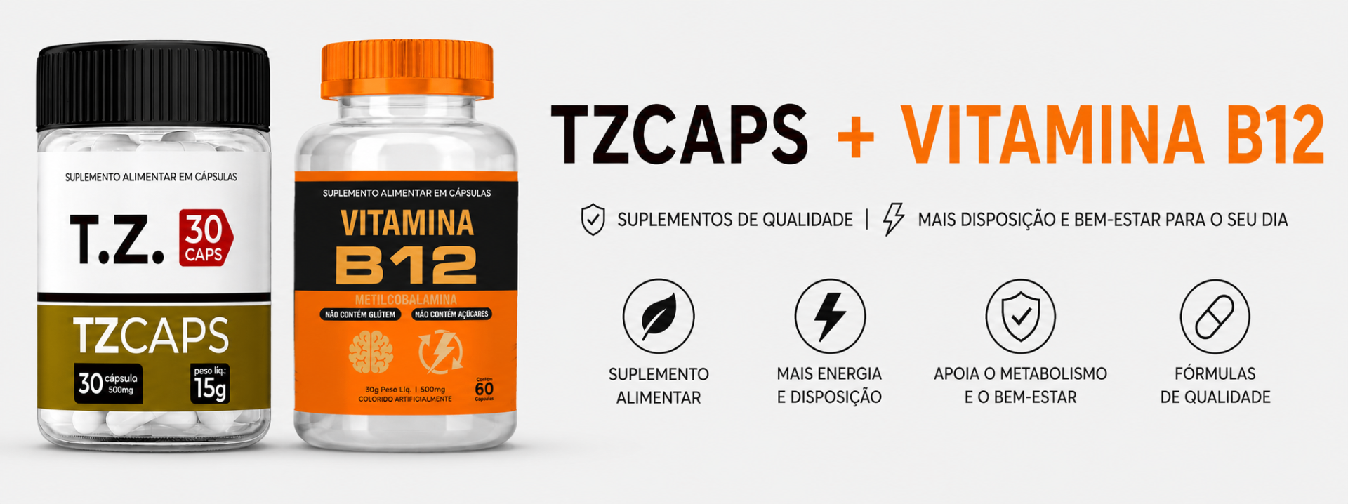 TZCAPS e Vitamina B12 — frascos de suplemento